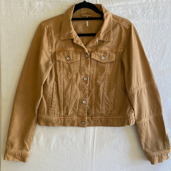 Free People Light Caramel Brown Jean Jacket Metal Buttons Cropped Size Small - Picture 8 of 8